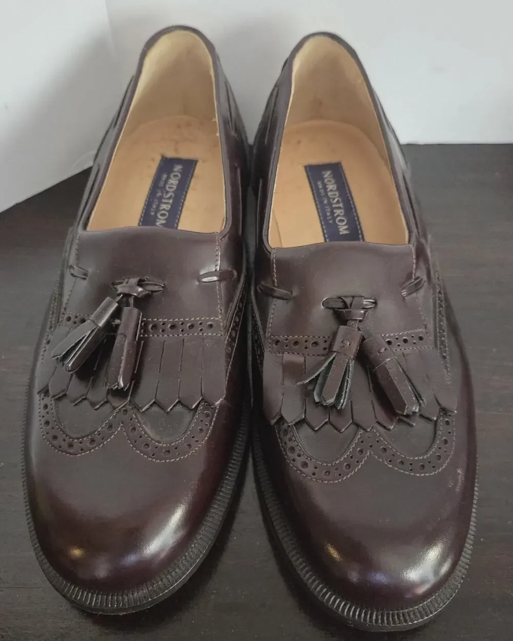 John W Nordstrom Men Kiltie Tassel Wingtip Loafers 8 W Burgundy Italy Leather